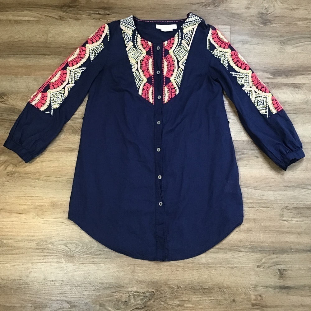 ANTHRO Hei Hei Blouse Size 0 XS Boho Tunic Top Embroidered Long Sleeve Navy Blue